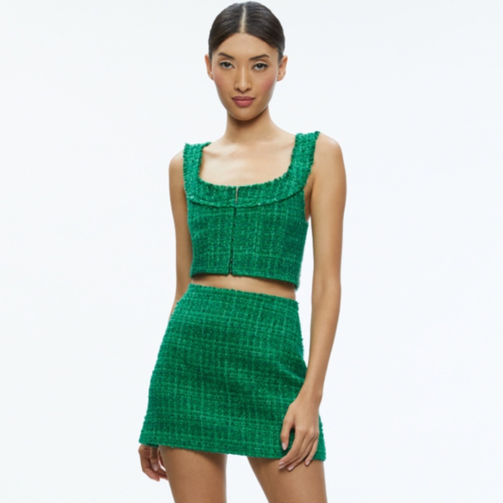 Alice + Olivia Green Tweed Crop Top and Skirt Set